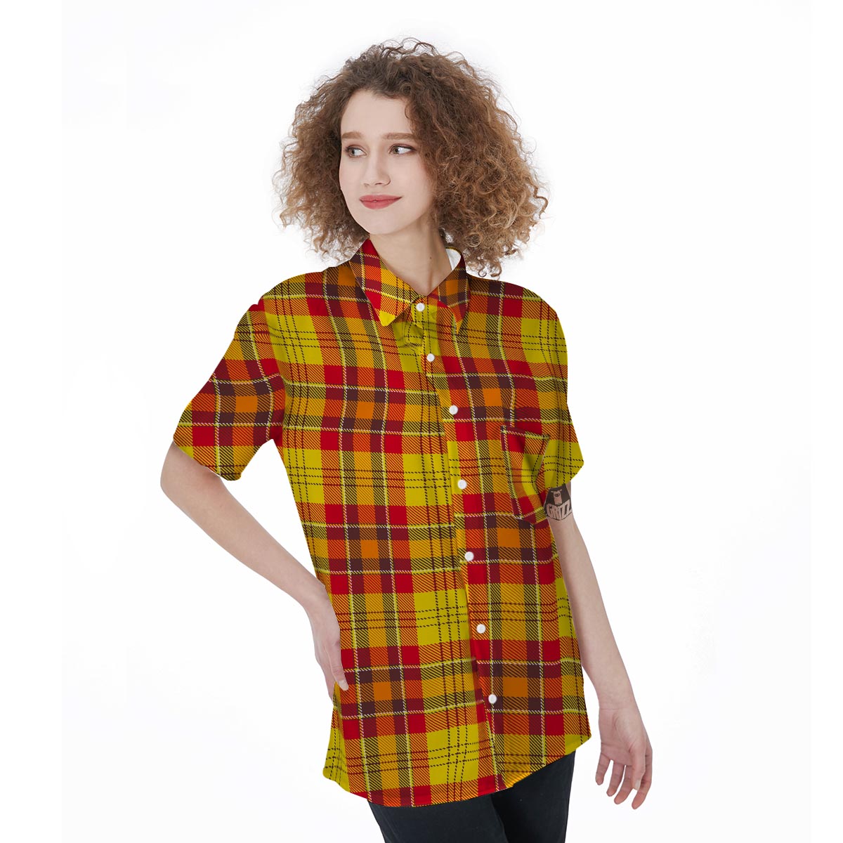 Yellow Plaid Tartan Women's Short Sleeve Shirts-grizzshop