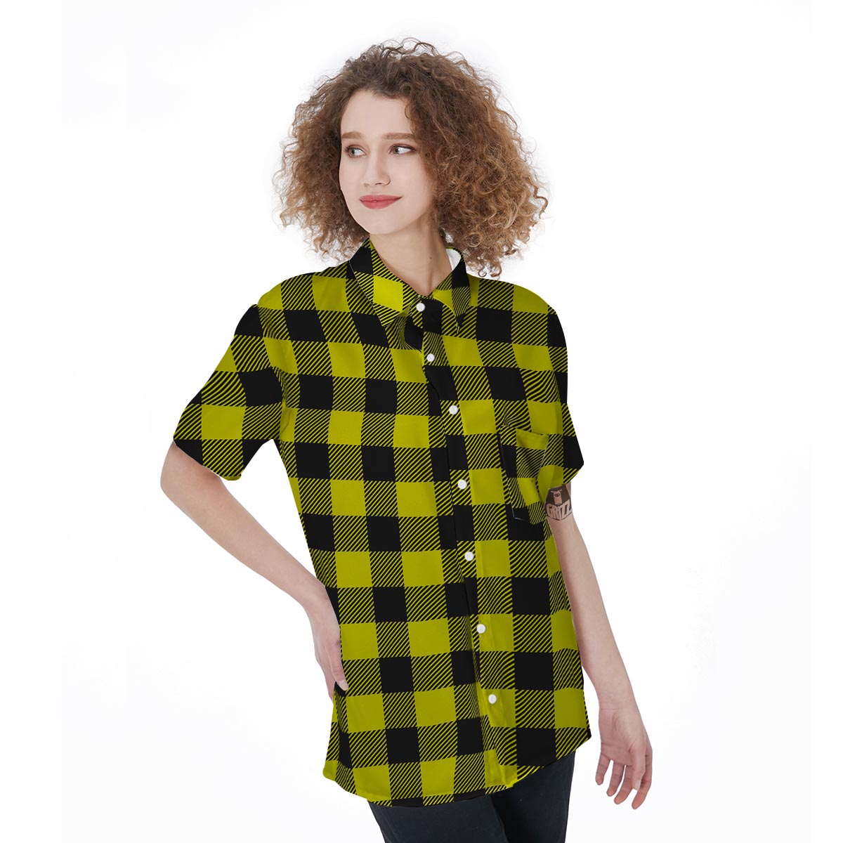 Yellow Plaid Women's Short Sleeve Shirts-grizzshop