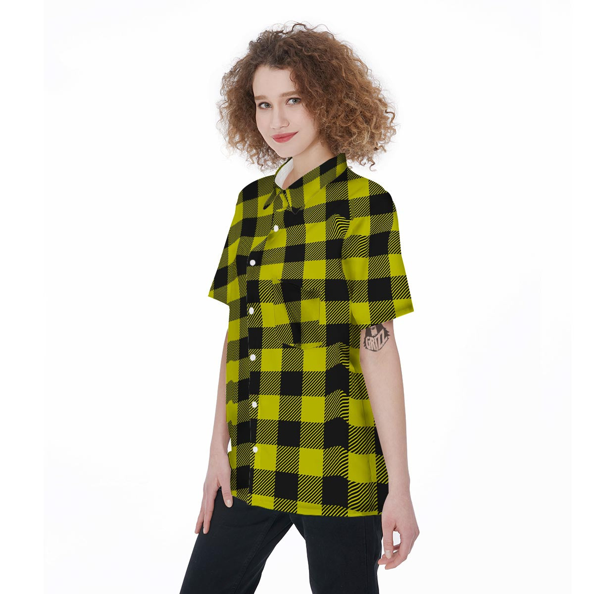 Yellow Plaid Women's Short Sleeve Shirts-grizzshop