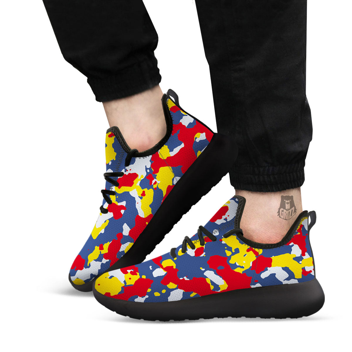 Yellow Red And Blue Camouflage Print Black Athletic Shoes-grizzshop