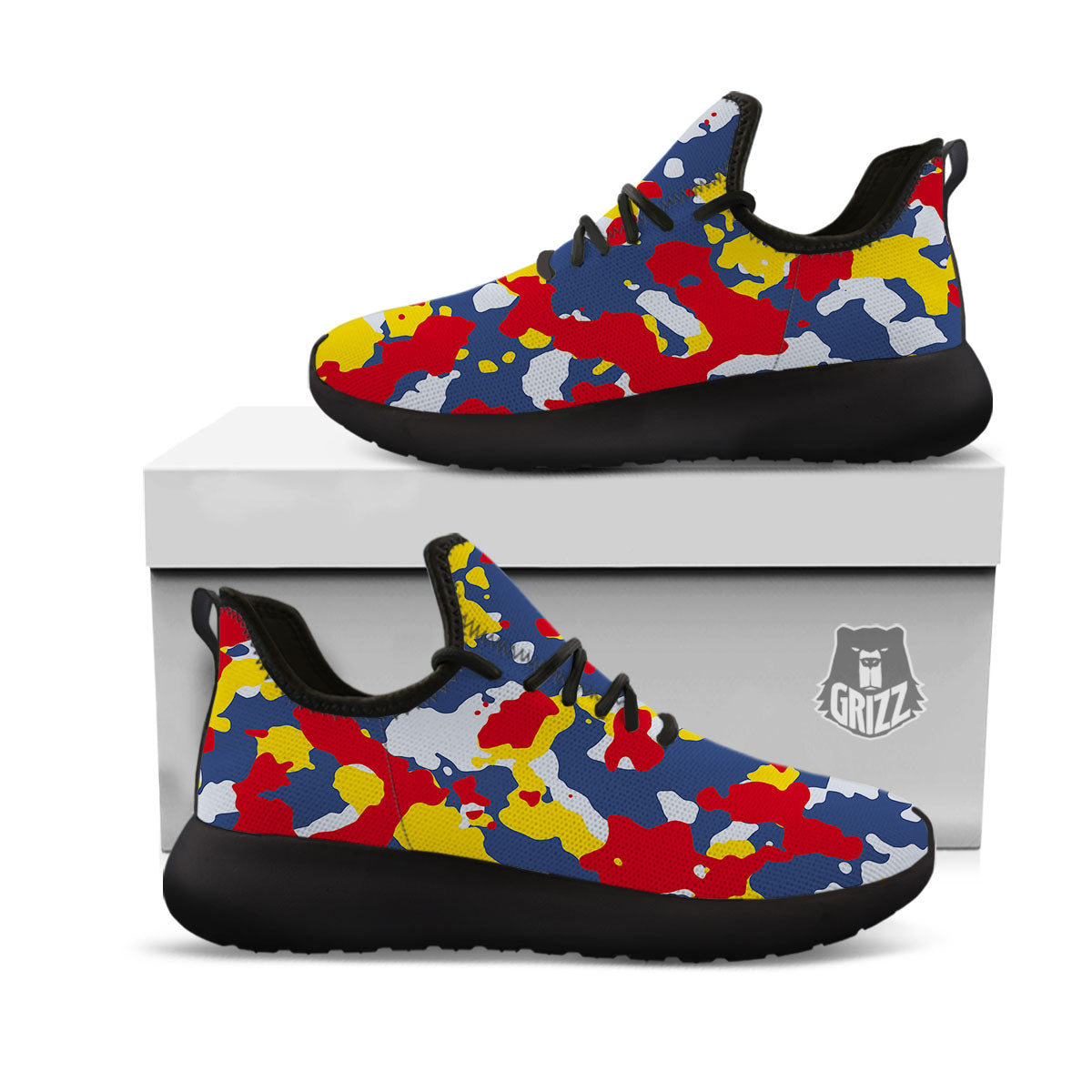 Yellow Red And Blue Camouflage Print Black Athletic Shoes-grizzshop