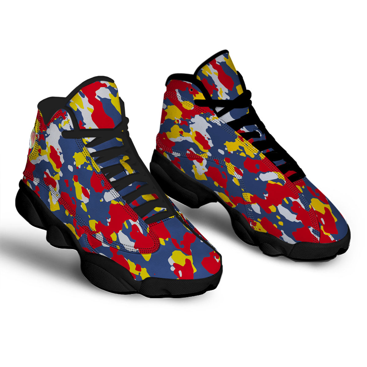 Yellow Red And Blue Camouflage Print Black Basketball Shoes-grizzshop