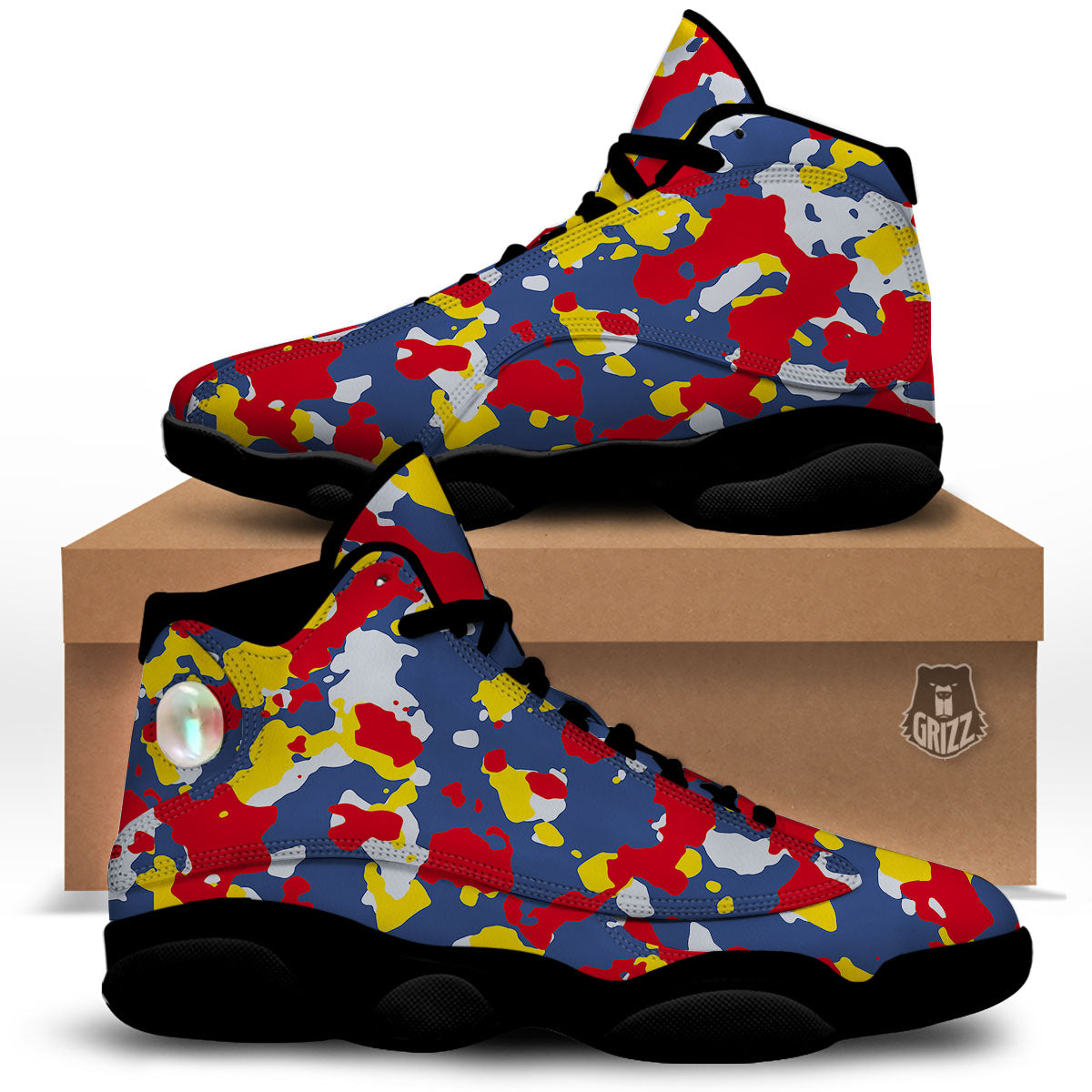 Yellow Red And Blue Camouflage Print Black Basketball Shoes-grizzshop