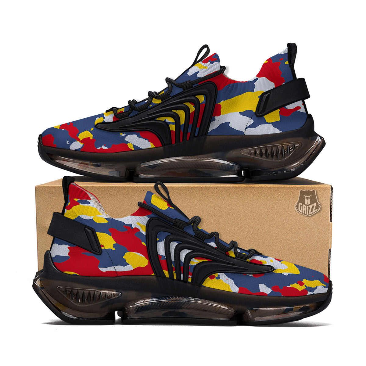 Yellow Red And Blue Camouflage Print Black Gym Shoes-grizzshop