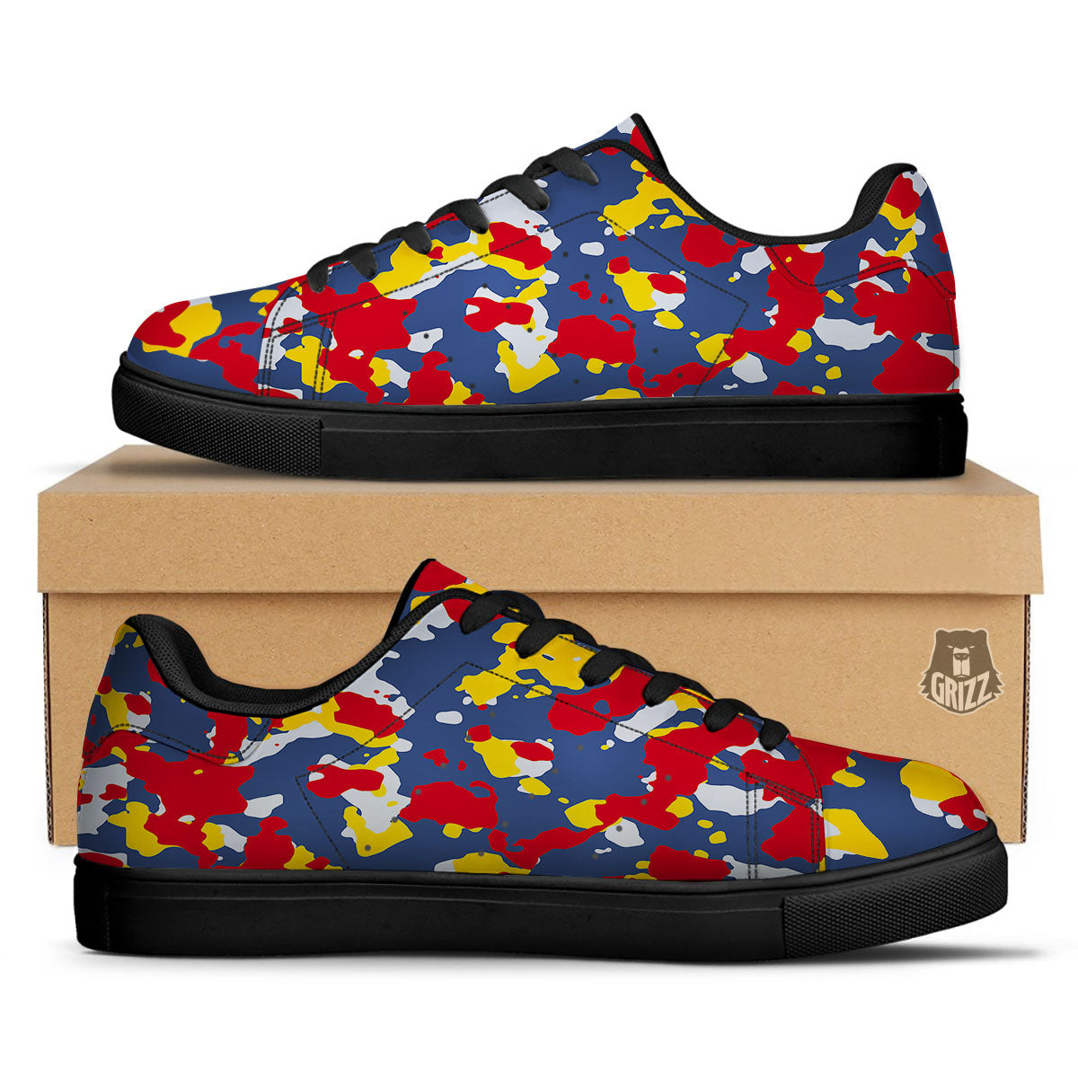 Yellow Red And Blue Camouflage Print Black Low Top Sneakers-grizzshop