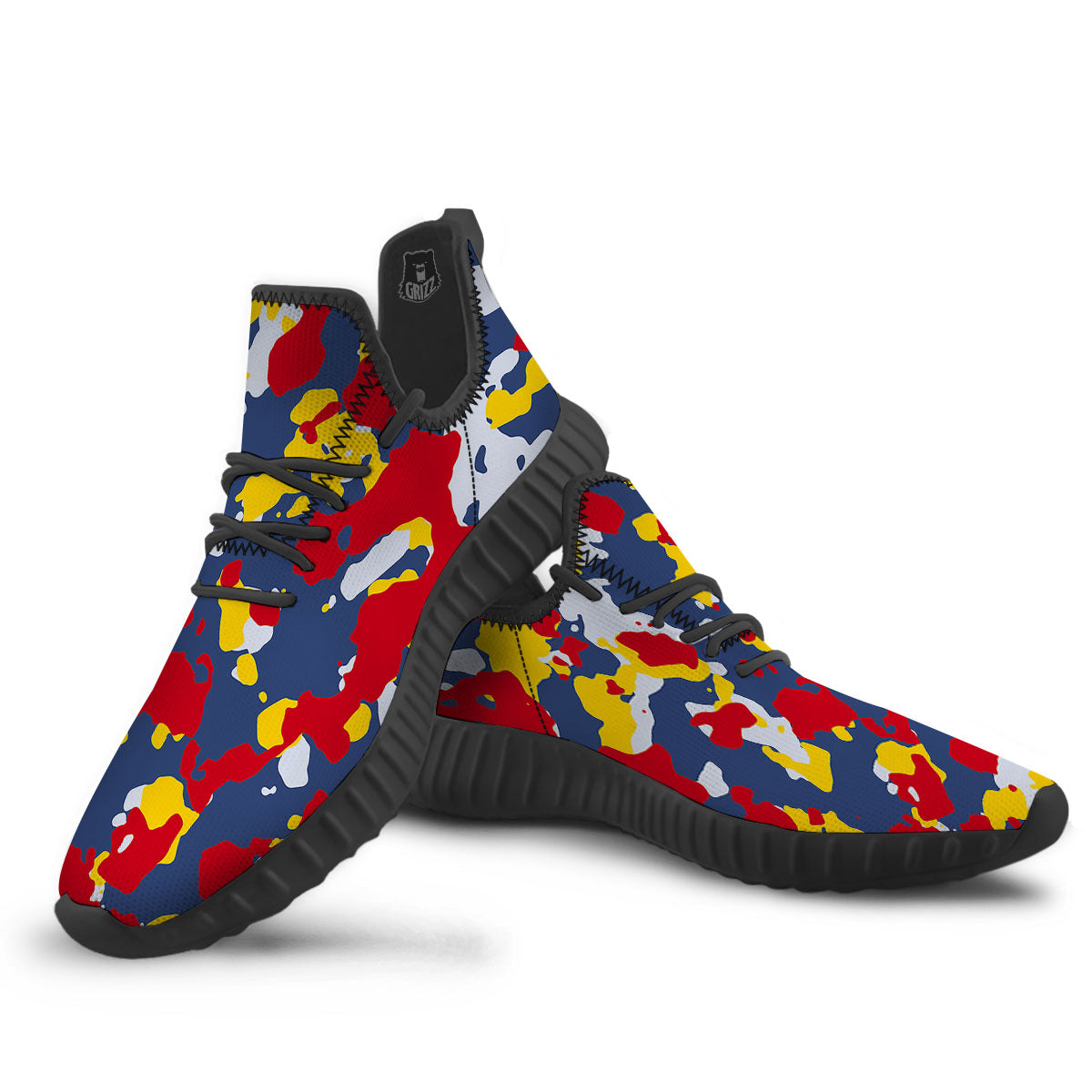 Yellow Red And Blue Camouflage Print Black Walking Shoes-grizzshop