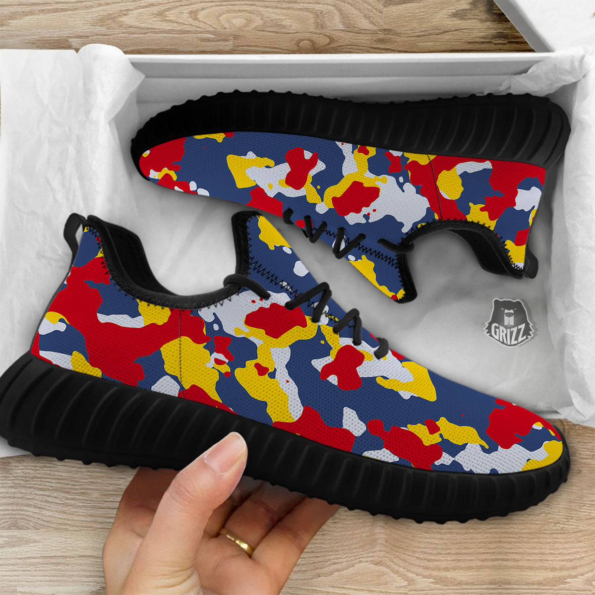 Yellow Red And Blue Camouflage Print Black Walking Shoes-grizzshop