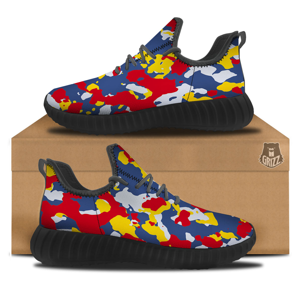 Yellow Red And Blue Camouflage Print Black Walking Shoes-grizzshop