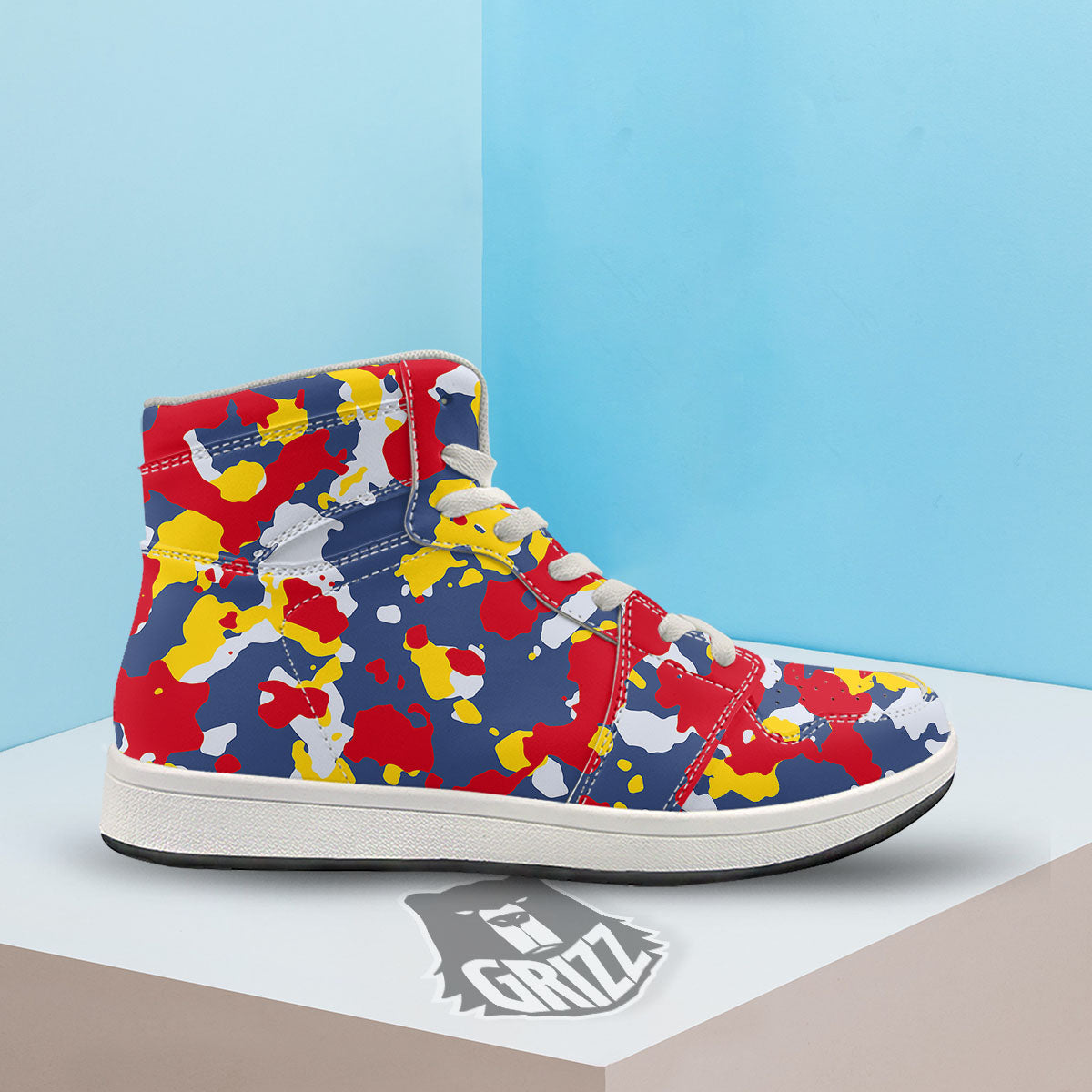Yellow Red And Blue Camouflage Print High Top Sneakers-grizzshop