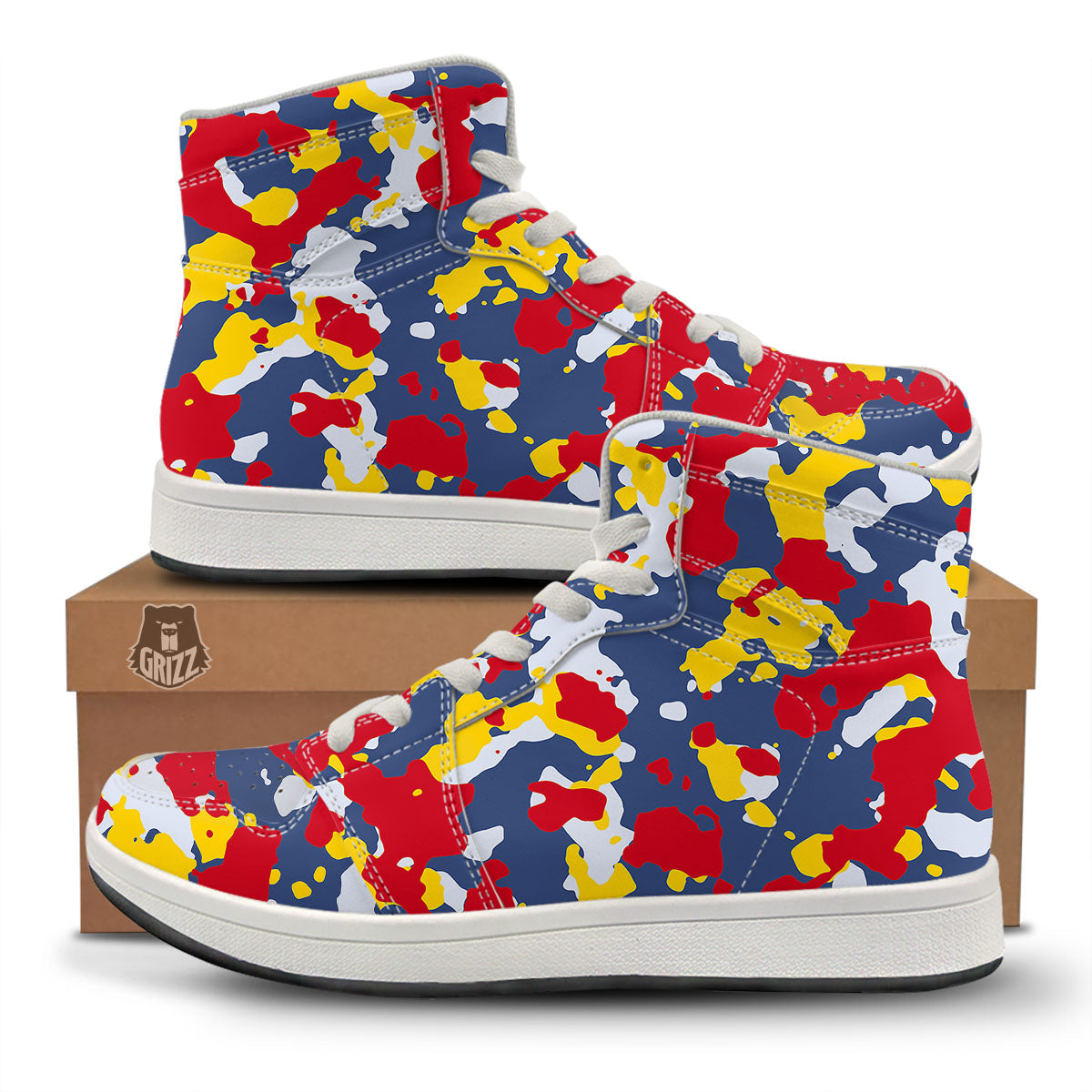 Yellow Red And Blue Camouflage Print High Top Sneakers-grizzshop