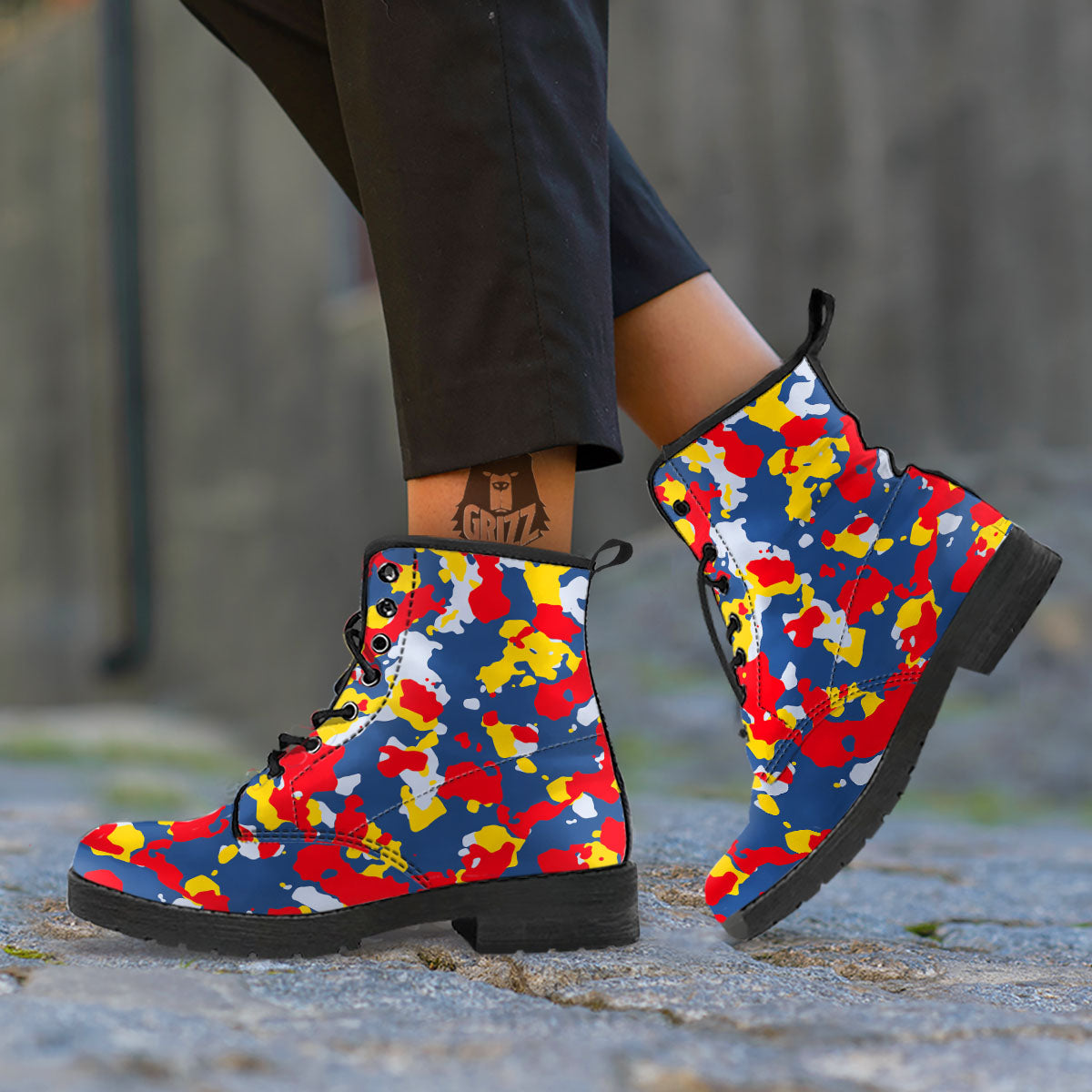 Yellow Red And Blue Camouflage Print Leather Boots-grizzshop