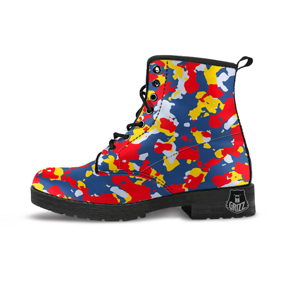 Yellow Red And Blue Camouflage Print Leather Boots-grizzshop