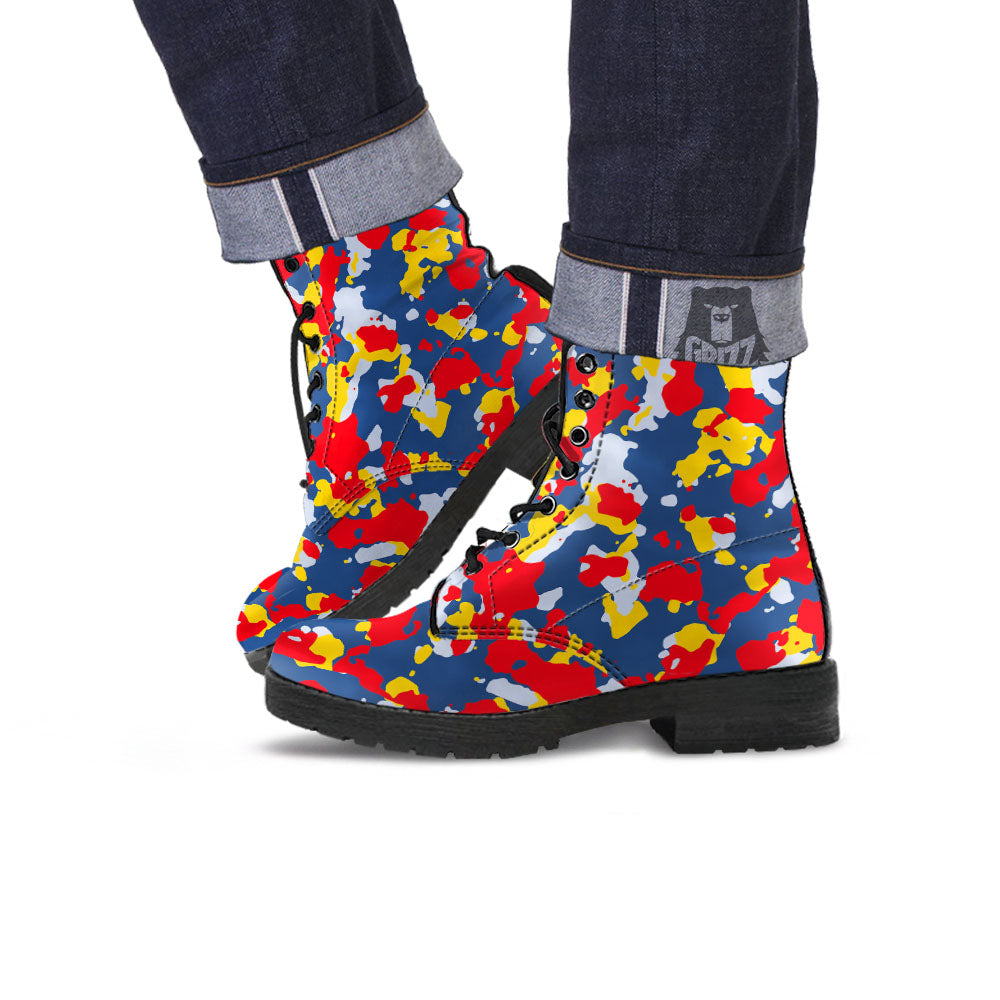 Yellow Red And Blue Camouflage Print Leather Boots-grizzshop