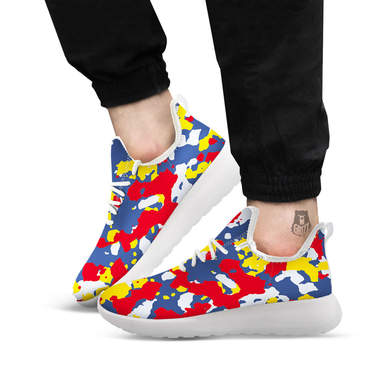 Yellow Red And Blue Camouflage Print White Athletic Shoes-grizzshop