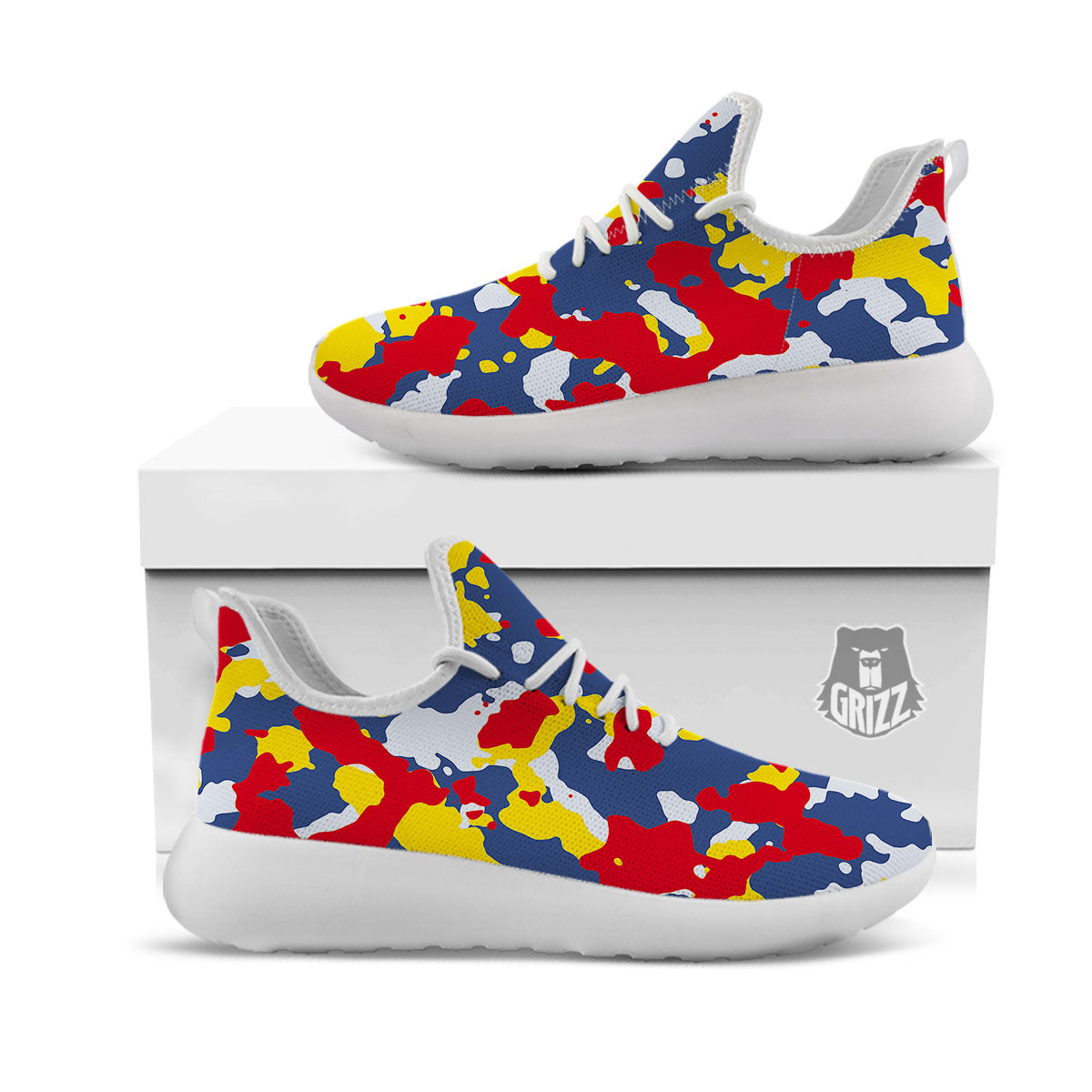 Yellow Red And Blue Camouflage Print White Athletic Shoes-grizzshop