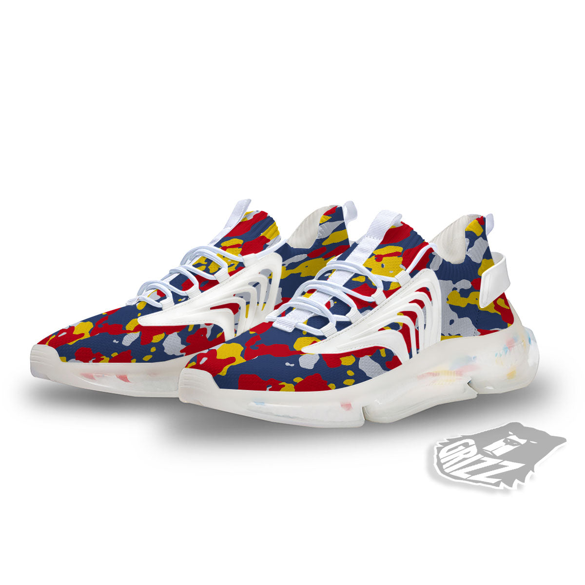 Yellow Red And Blue Camouflage Print White Gym Shoes-grizzshop