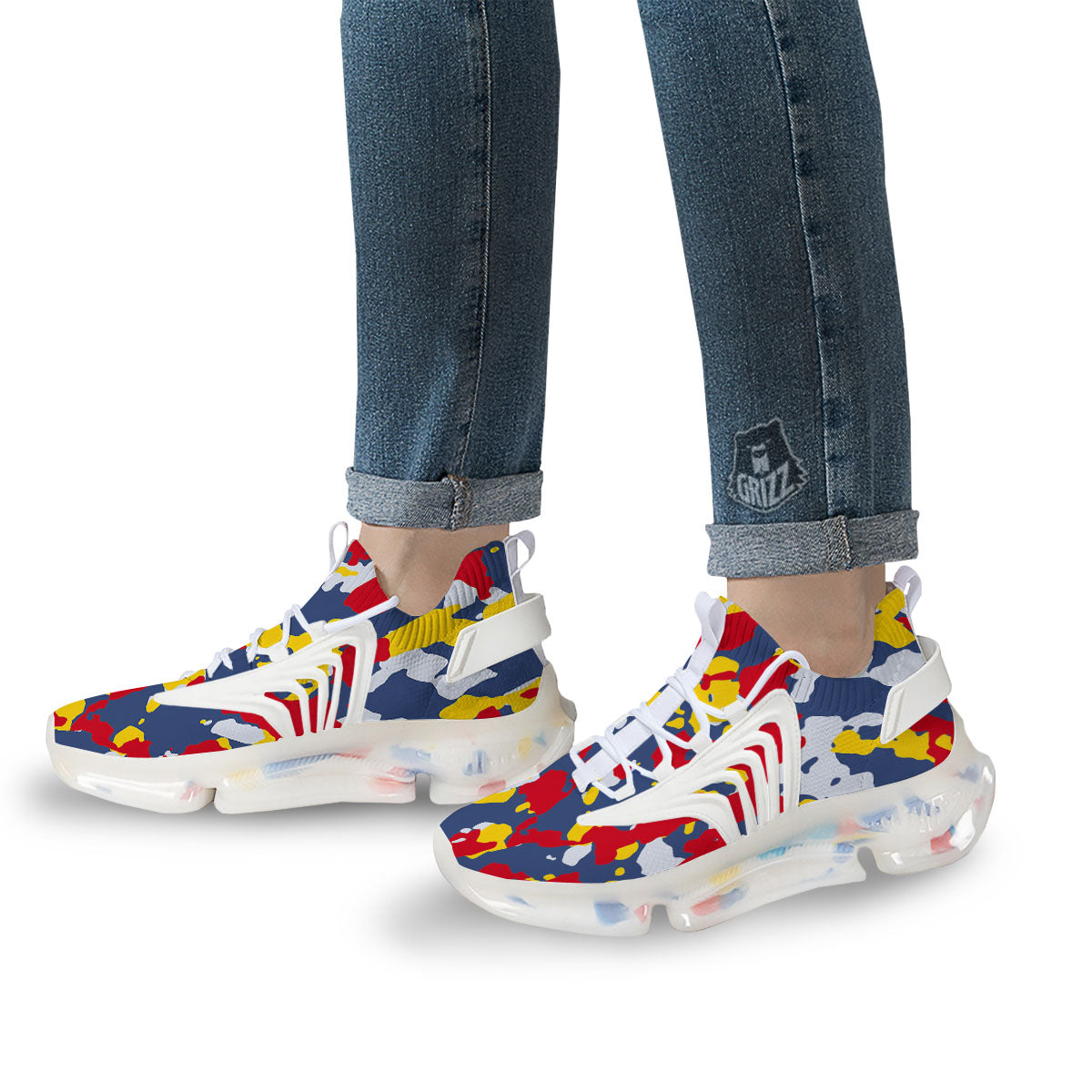 Yellow Red And Blue Camouflage Print White Gym Shoes-grizzshop