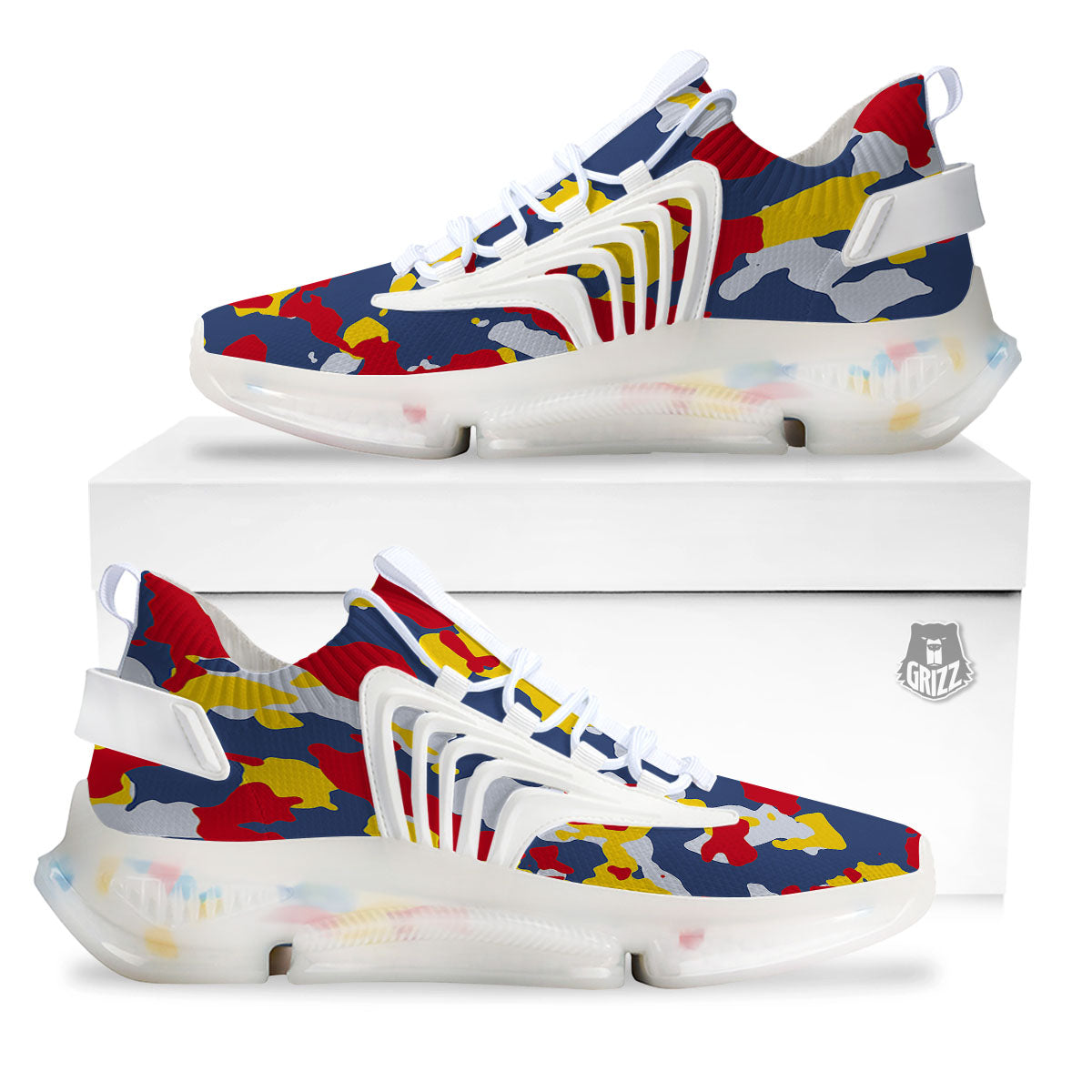 Yellow Red And Blue Camouflage Print White Gym Shoes-grizzshop