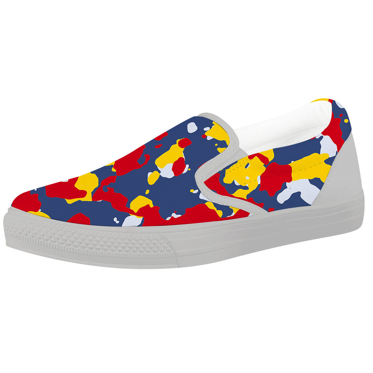 Yellow Red And Blue Camouflage Print White Slip On Shoes-grizzshop