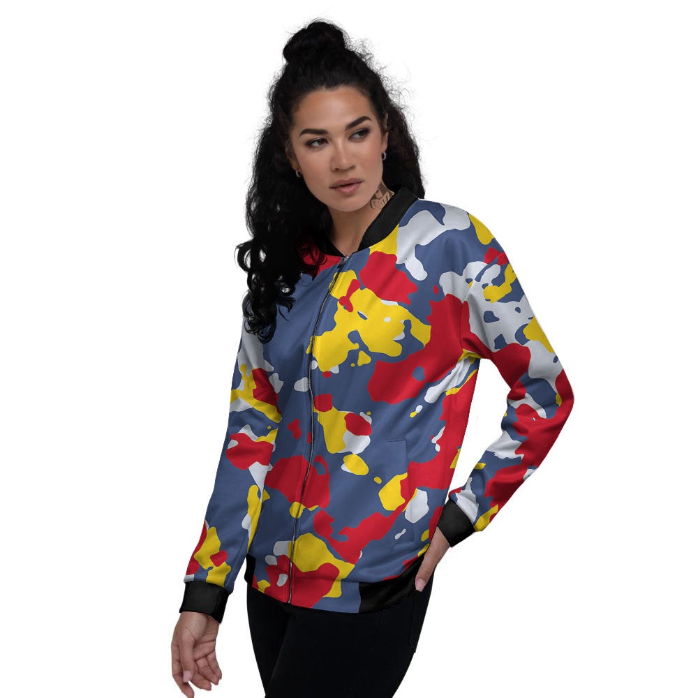 Yellow Red And Blue Camouflage Print Women's Bomber Jacket-grizzshop