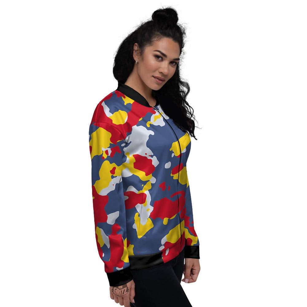 Yellow Red And Blue Camouflage Print Women's Bomber Jacket-grizzshop