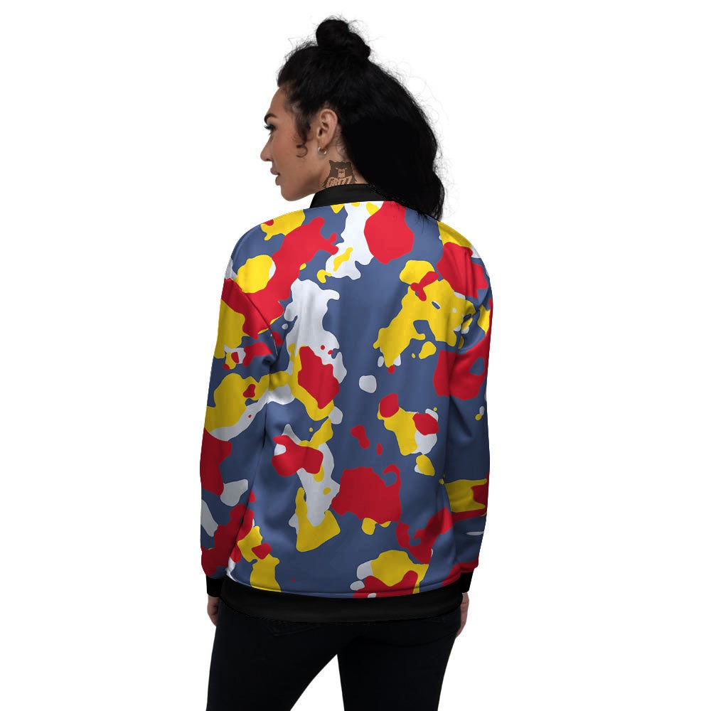 Yellow Red And Blue Camouflage Print Women's Bomber Jacket-grizzshop