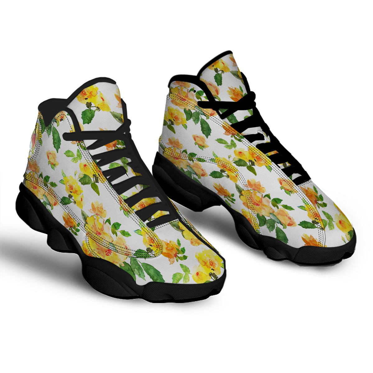 Yellow Rose Watercolor Print Pattern Black Basketball Shoes-grizzshop