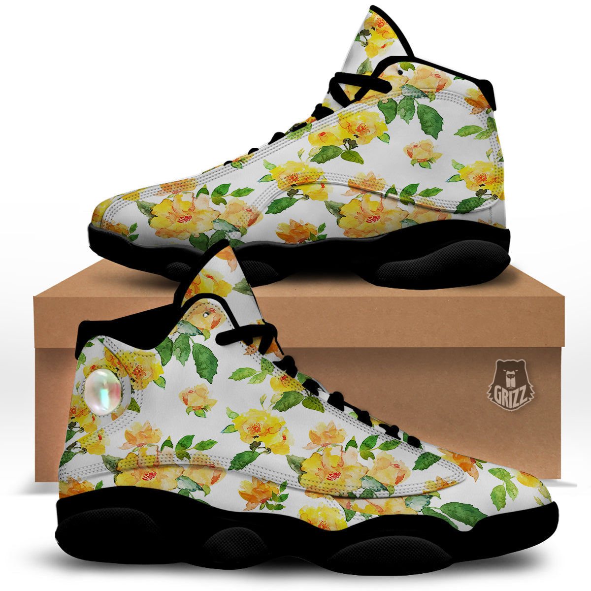 Yellow Rose Watercolor Print Pattern Black Basketball Shoes-grizzshop