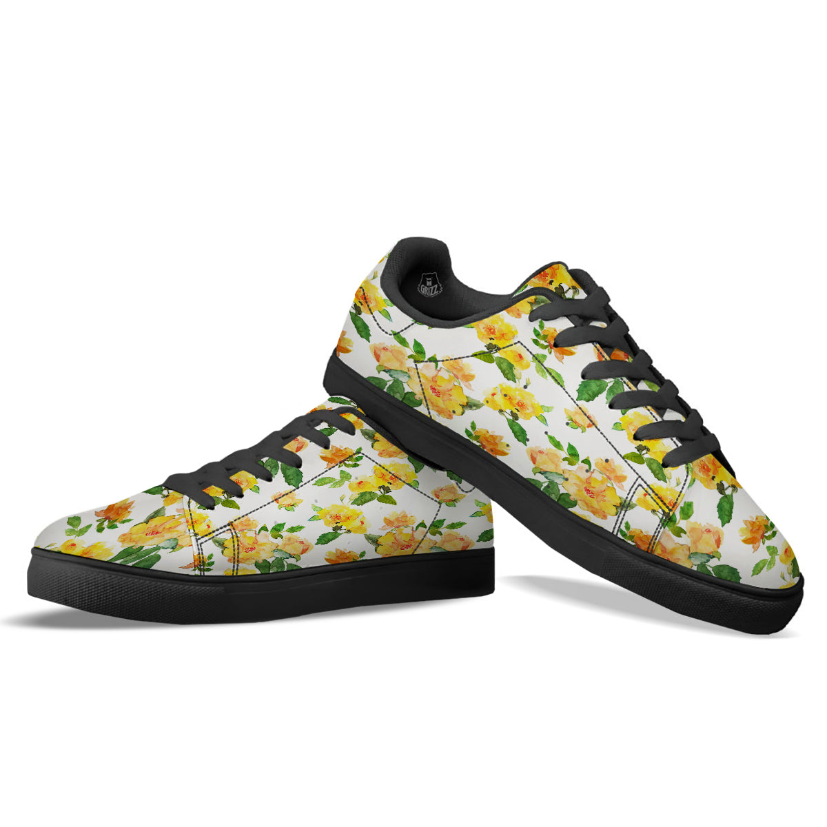 Yellow Rose Watercolor Print Pattern Black Low Top Sneakers-grizzshop