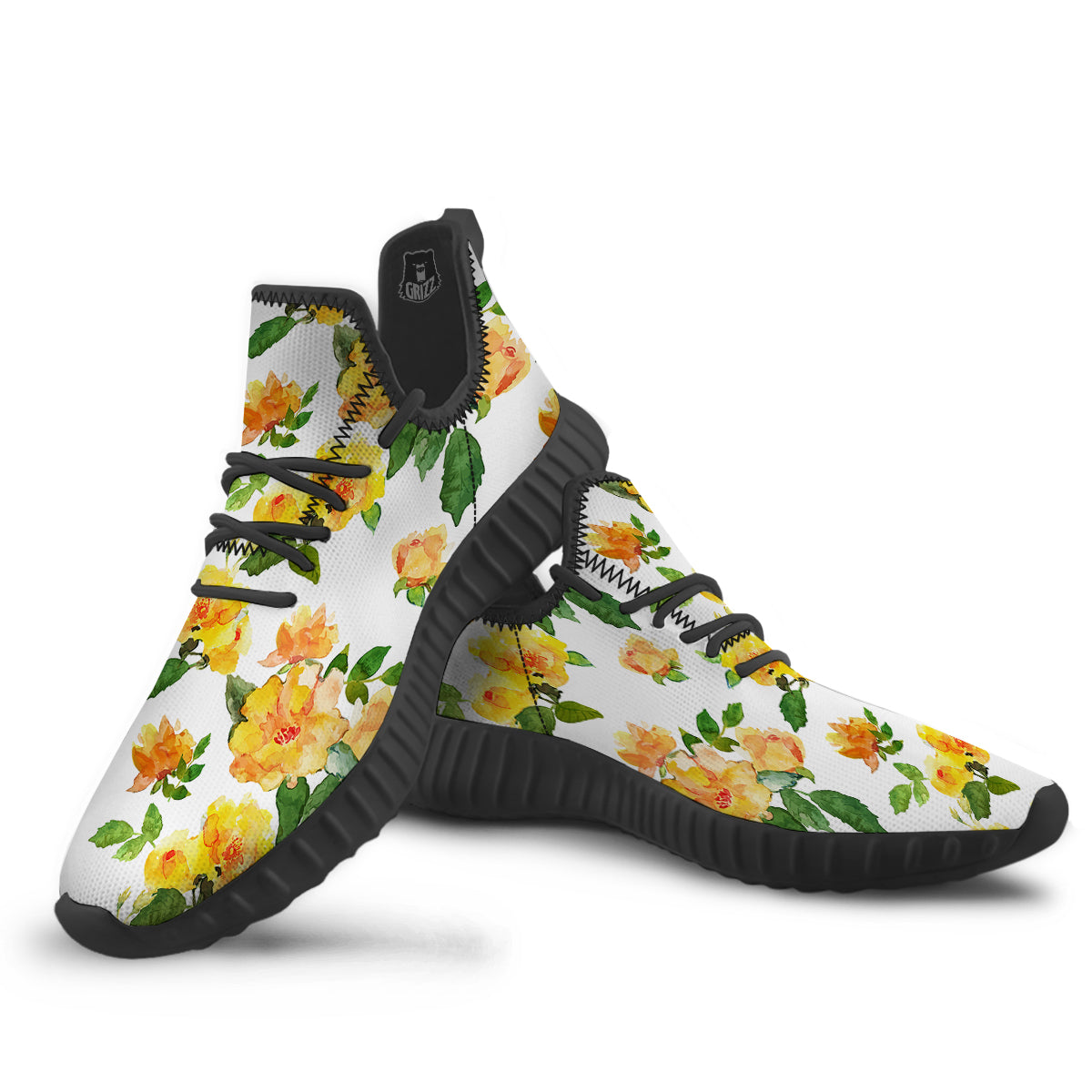 Yellow Rose Watercolor Print Pattern Black Walking Shoes-grizzshop