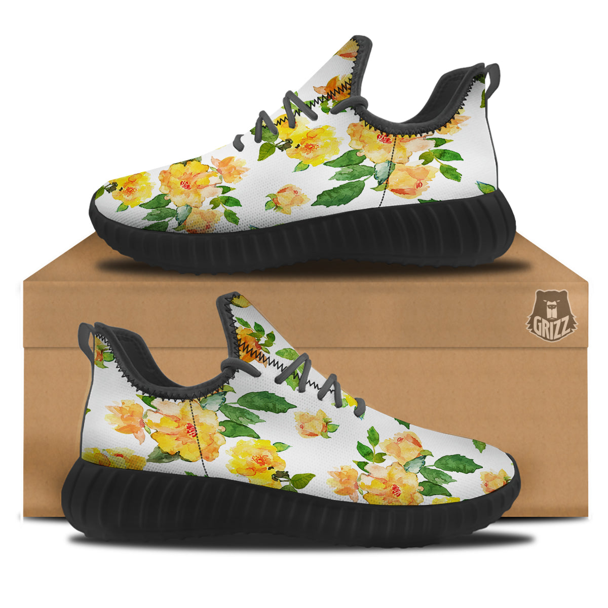 Yellow Rose Watercolor Print Pattern Black Walking Shoes-grizzshop