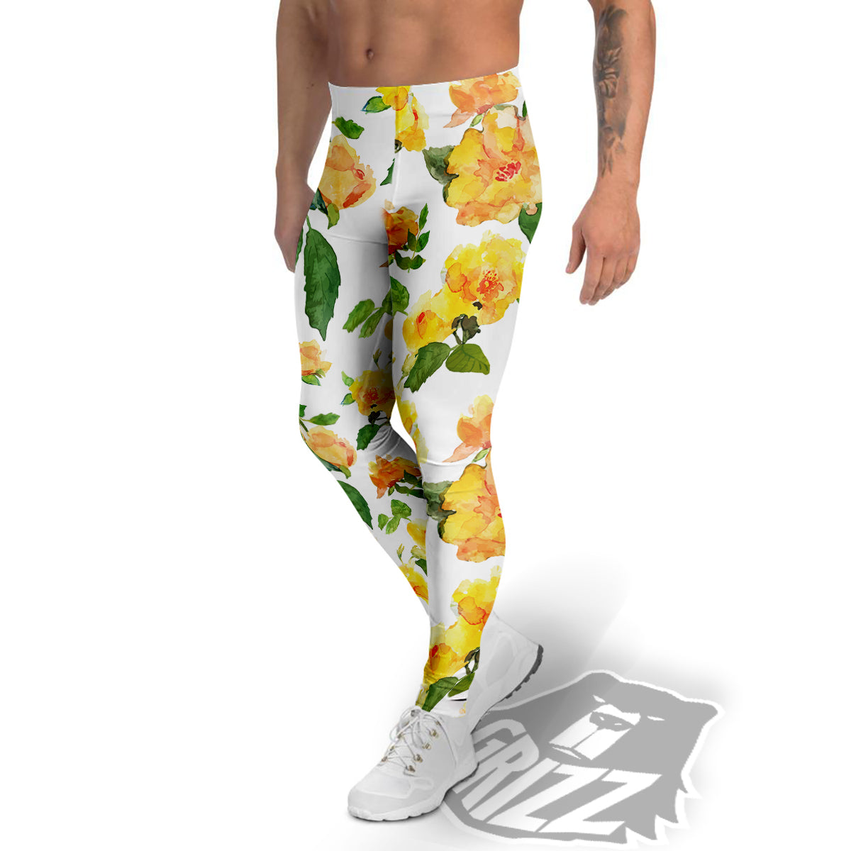 Yellow Rose Watercolor Print Pattern Men's Leggings-grizzshop