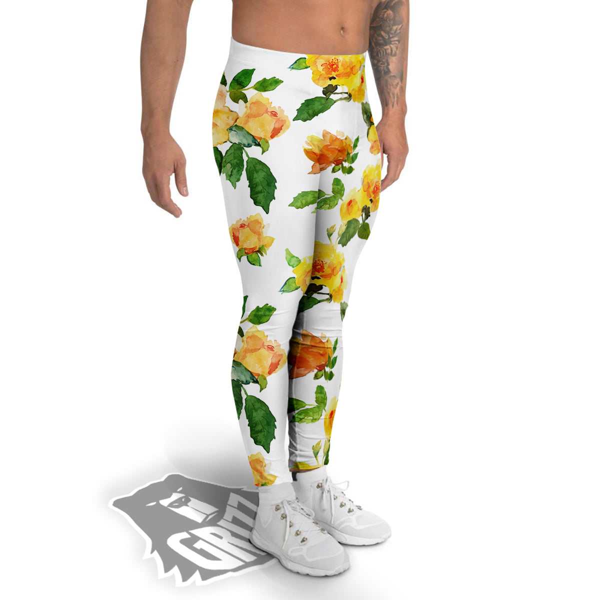 Yellow Rose Watercolor Print Pattern Men's Leggings-grizzshop