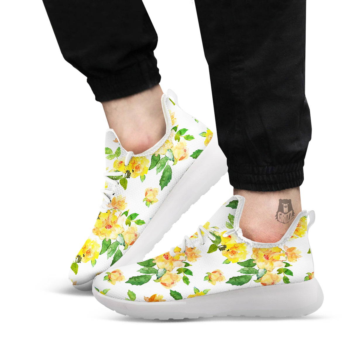 Yellow Rose Watercolor Print Pattern White Athletic Shoes-grizzshop