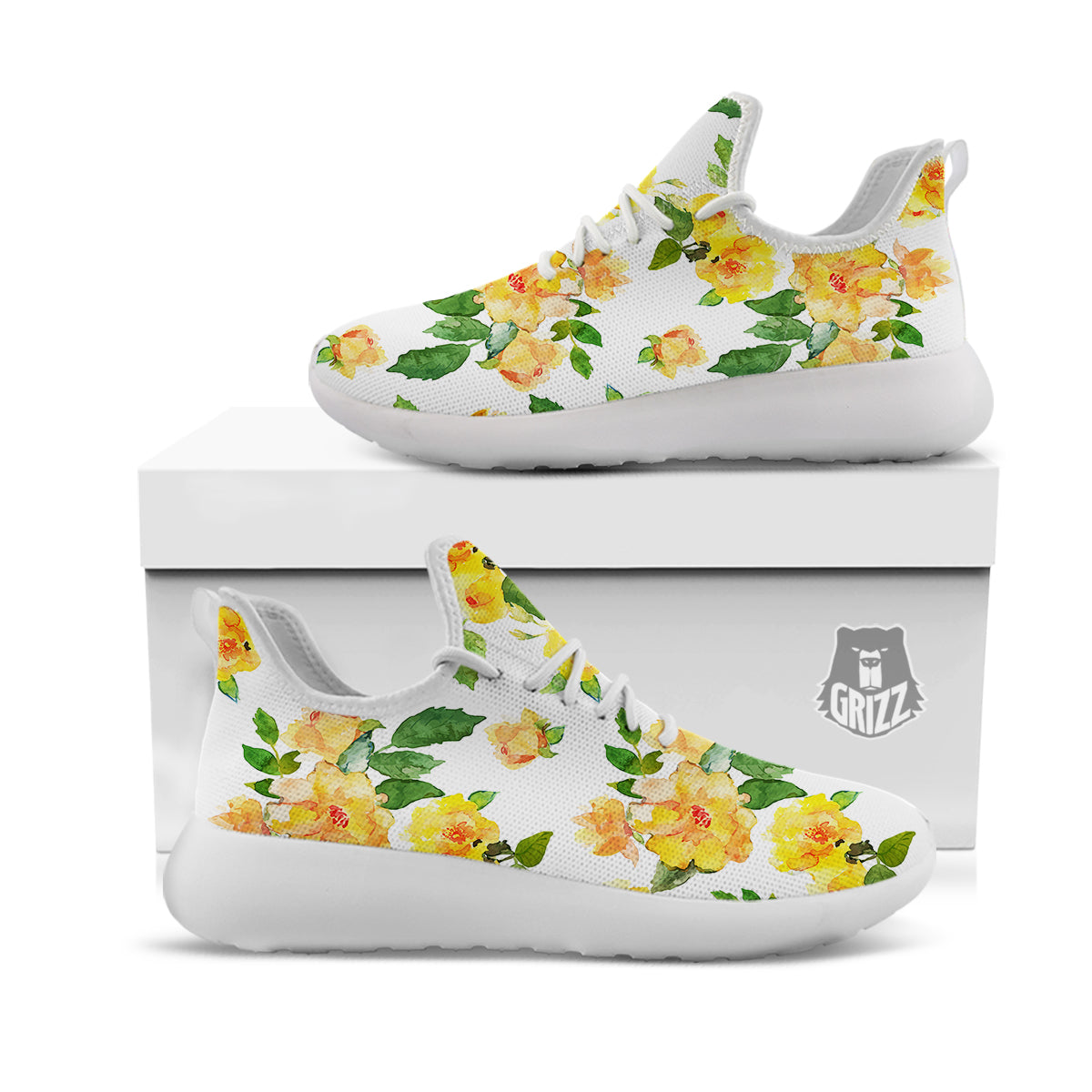 Yellow Rose Watercolor Print Pattern White Athletic Shoes-grizzshop