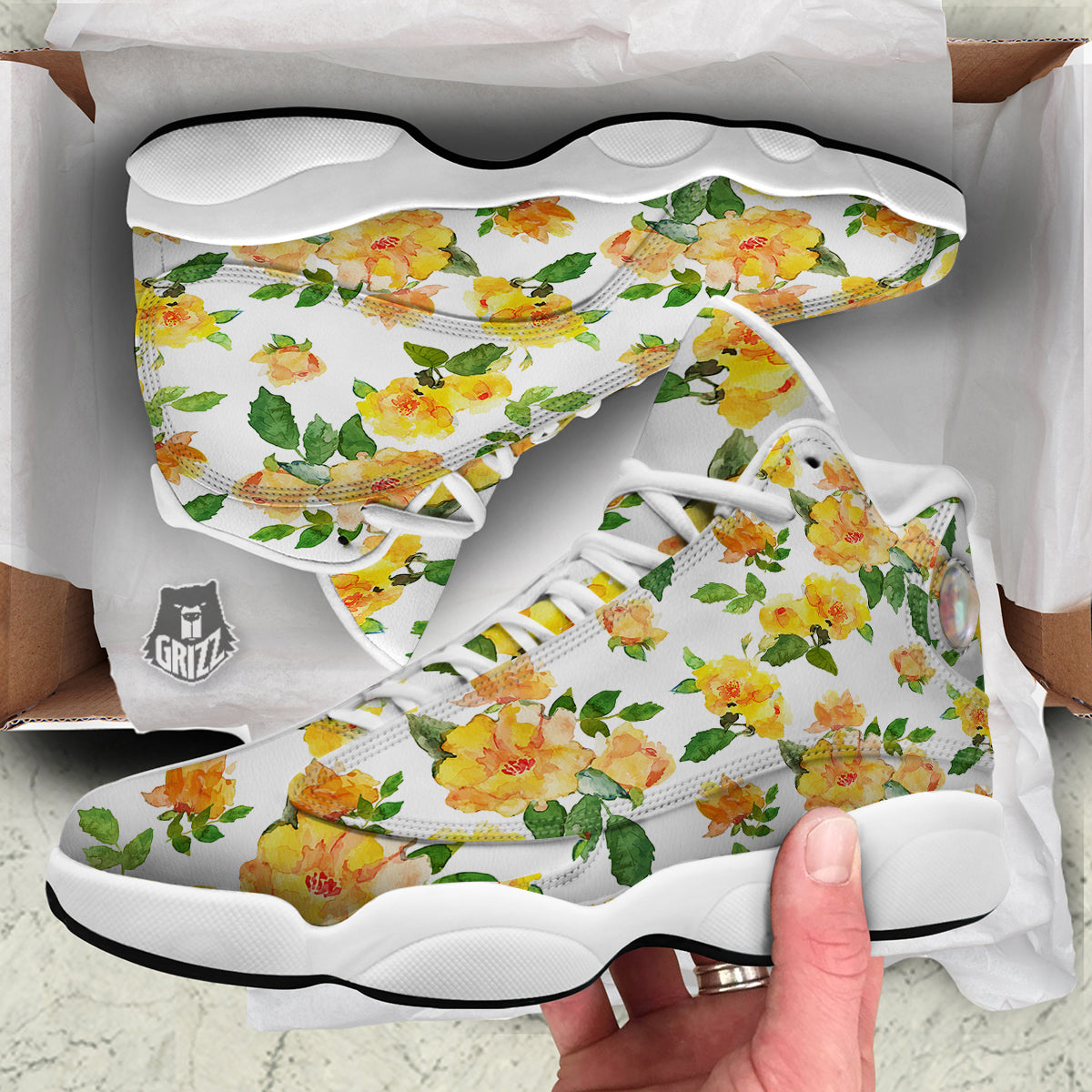 Yellow Rose Watercolor Print Pattern White Basketball Shoes-grizzshop
