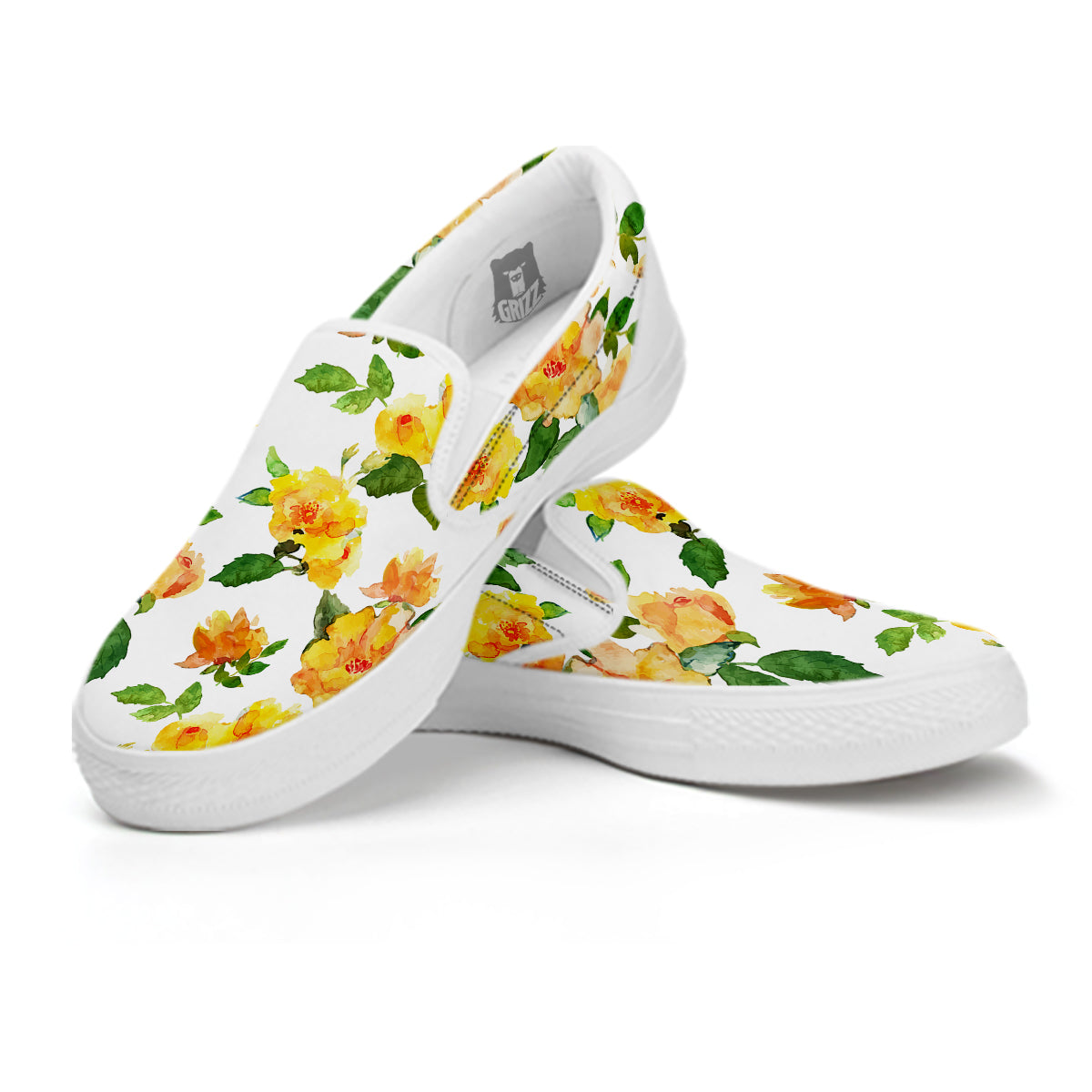 Yellow Rose Watercolor Print Pattern White Slip On Shoes-grizzshop