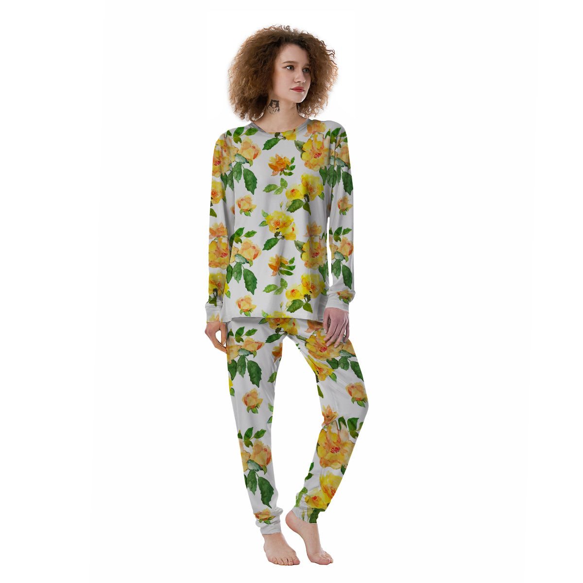 Yellow Rose Watercolor Print Pattern Women's Pajamas-grizzshop