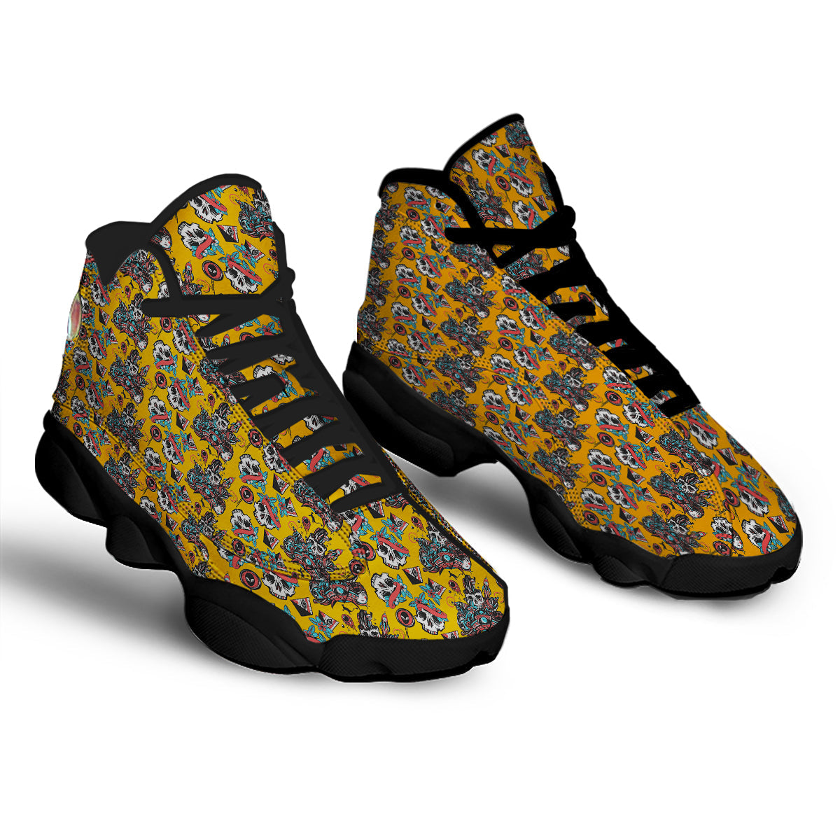 Yellow Skull Old School Tattoo Print Pattern Black Basketball Shoes-grizzshop