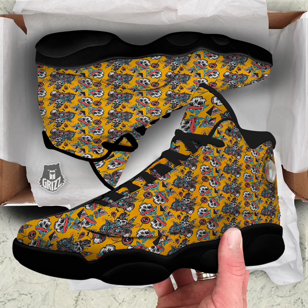 Yellow Skull Old School Tattoo Print Pattern Black Basketball Shoes-grizzshop