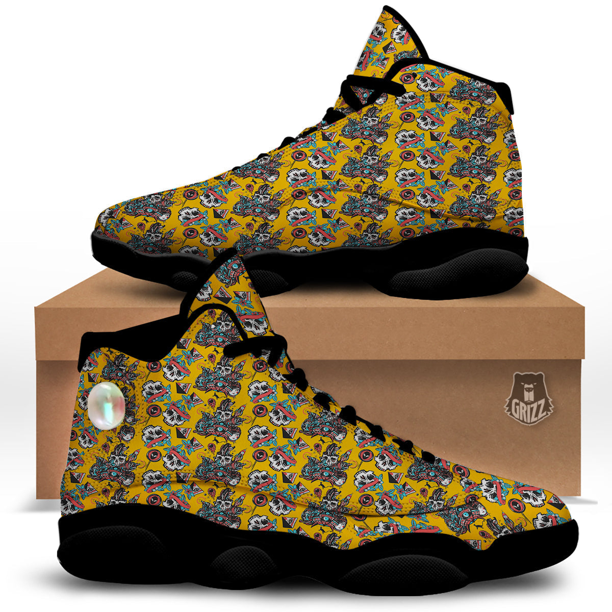 Yellow Skull Old School Tattoo Print Pattern Black Basketball Shoes-grizzshop