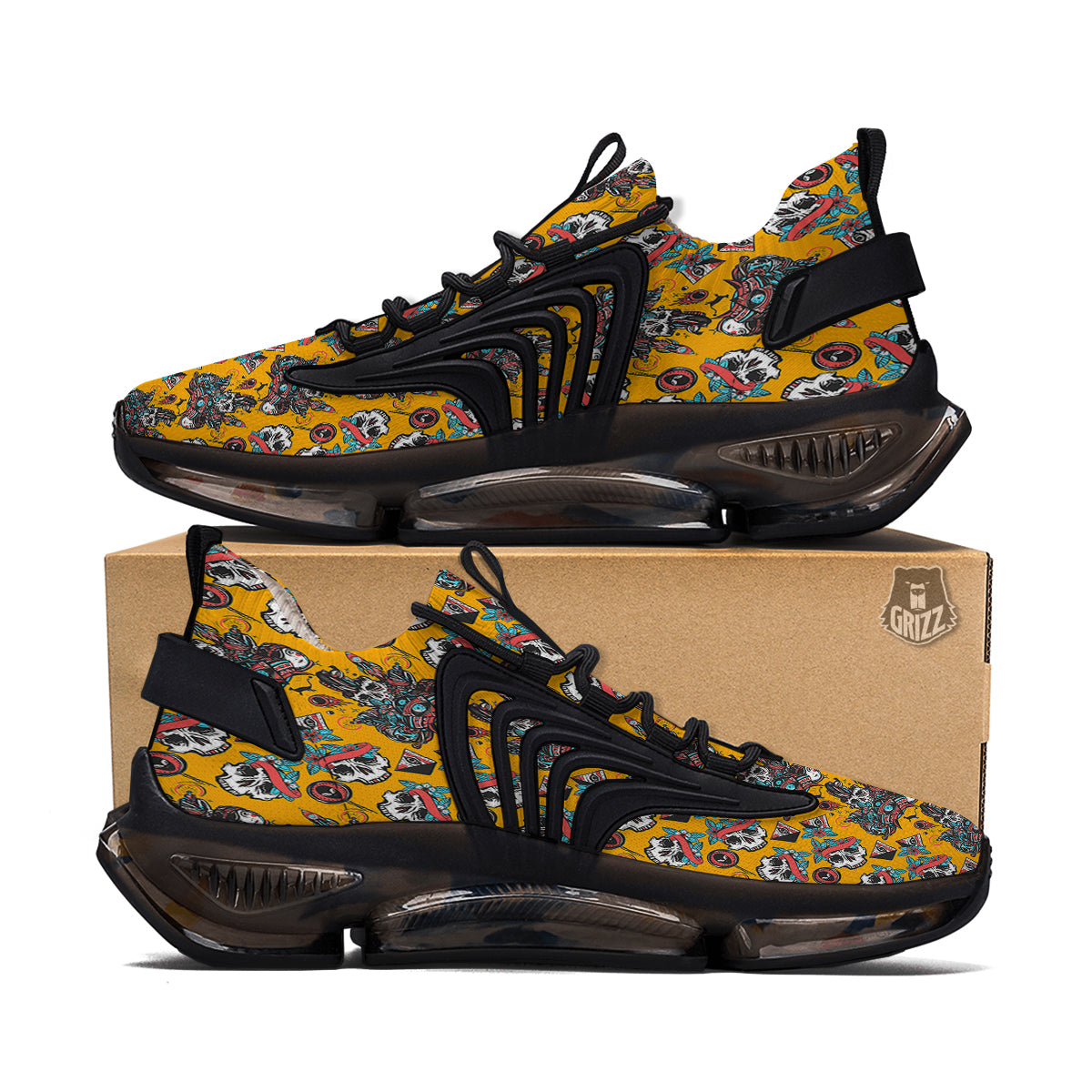 Yellow Skull Old School Tattoo Print Pattern Black Gym Shoes-grizzshop
