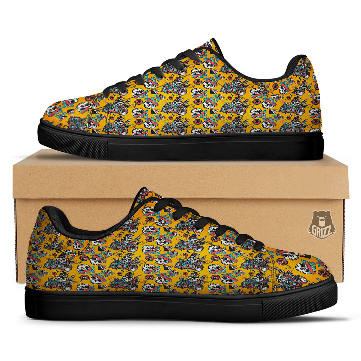 Yellow Skull Old School Tattoo Print Pattern Black Low Top Sneakers-grizzshop