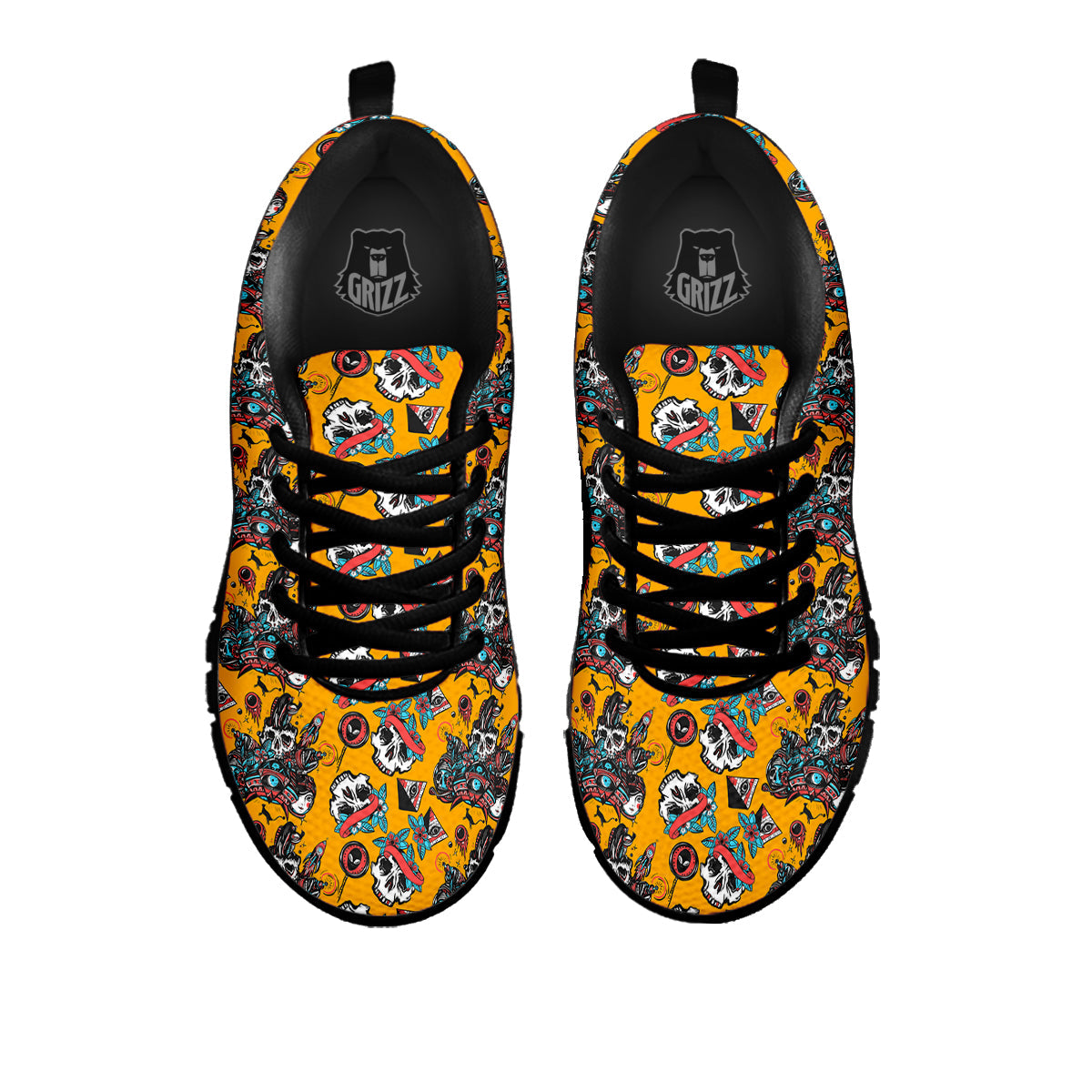 Yellow Skull Old School Tattoo Print Pattern Black Sneaker-grizzshop