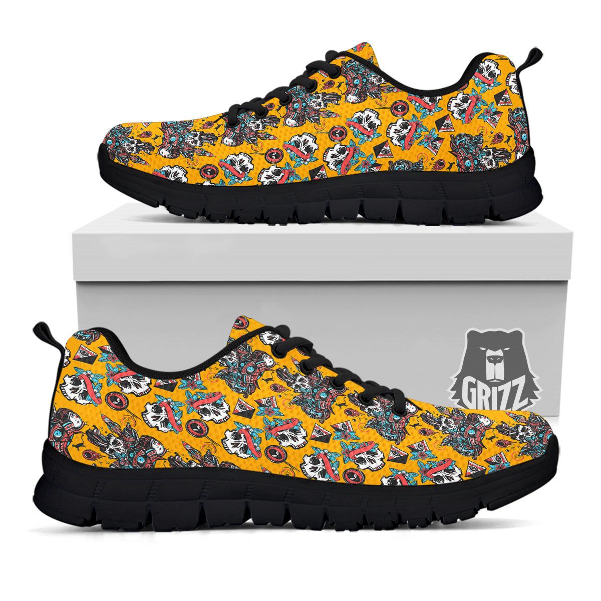 Yellow Skull Old School Tattoo Print Pattern Black Sneaker-grizzshop