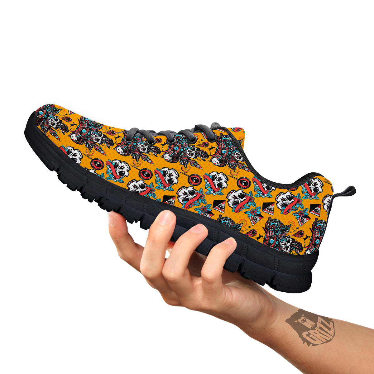 Yellow Skull Old School Tattoo Print Pattern Black Sneaker-grizzshop