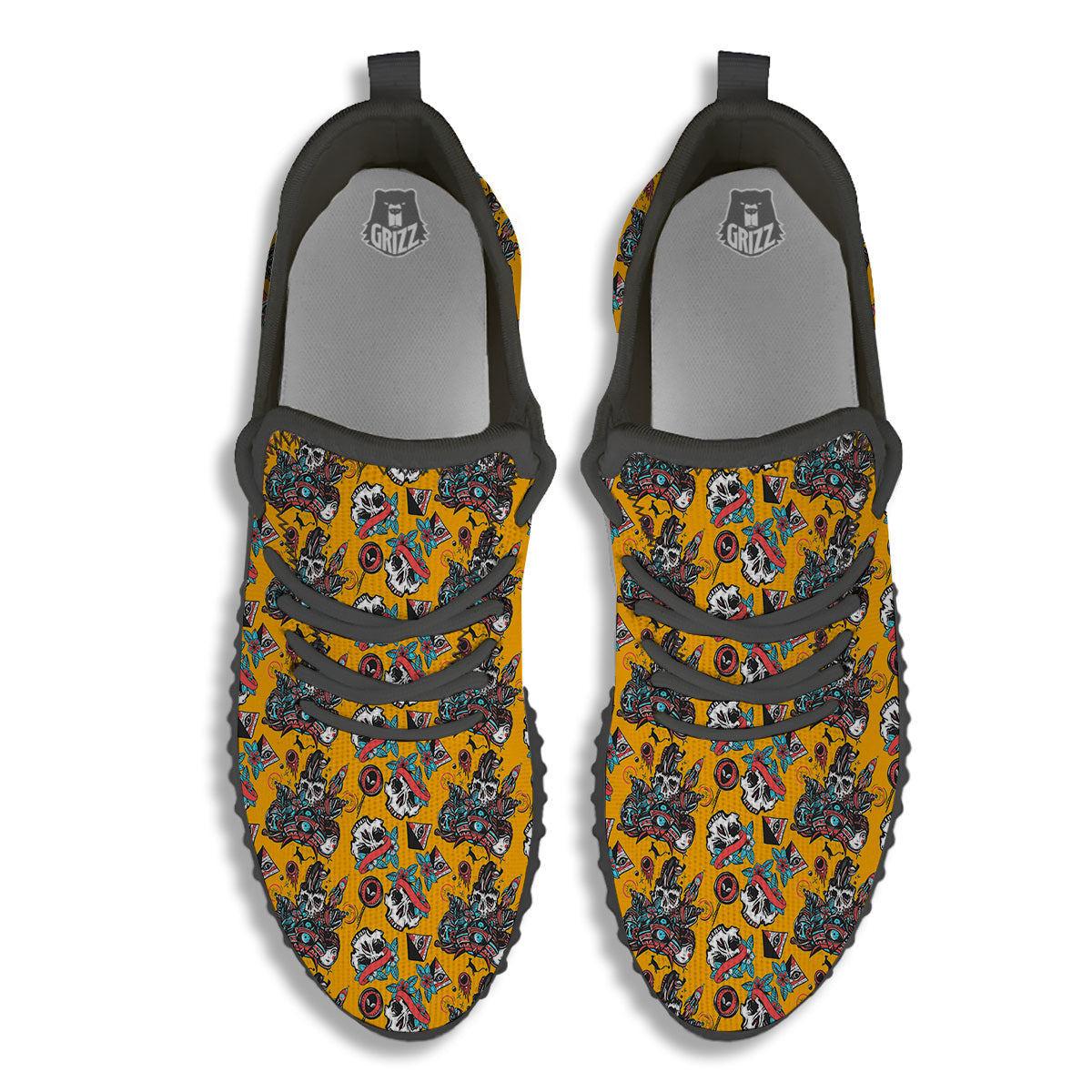 Yellow Skull Old School Tattoo Print Pattern Black Walking Shoes-grizzshop