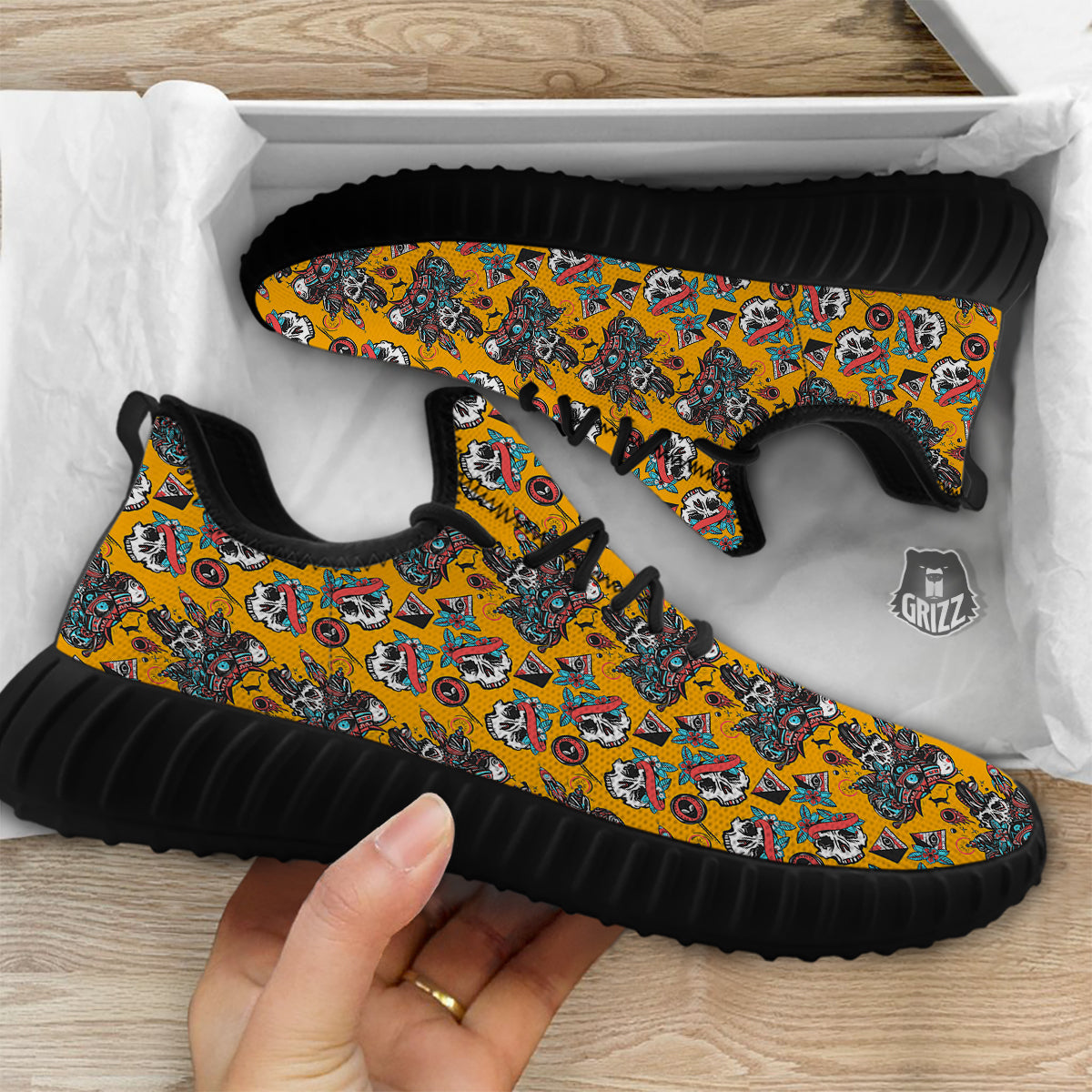 Yellow Skull Old School Tattoo Print Pattern Black Walking Shoes-grizzshop