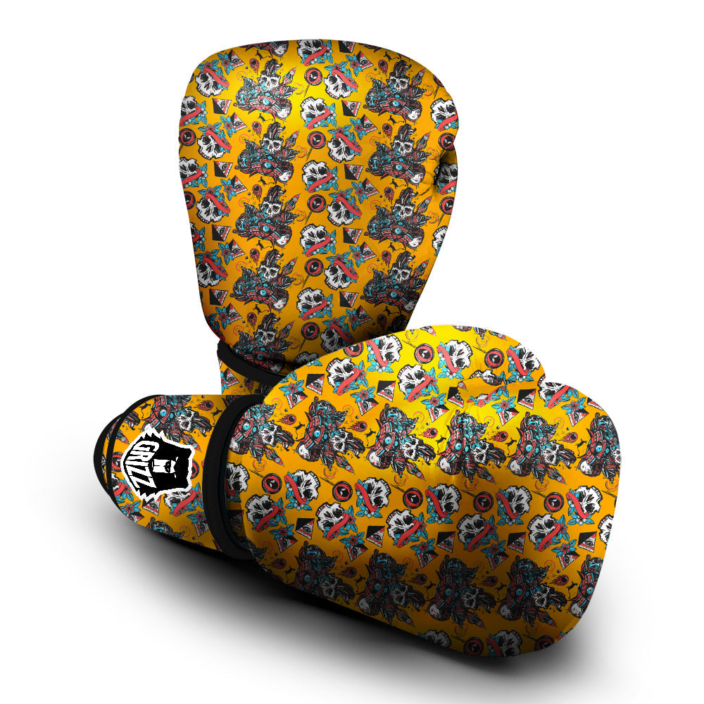 Yellow Skull Old School Tattoo Print Pattern Boxing Gloves-grizzshop