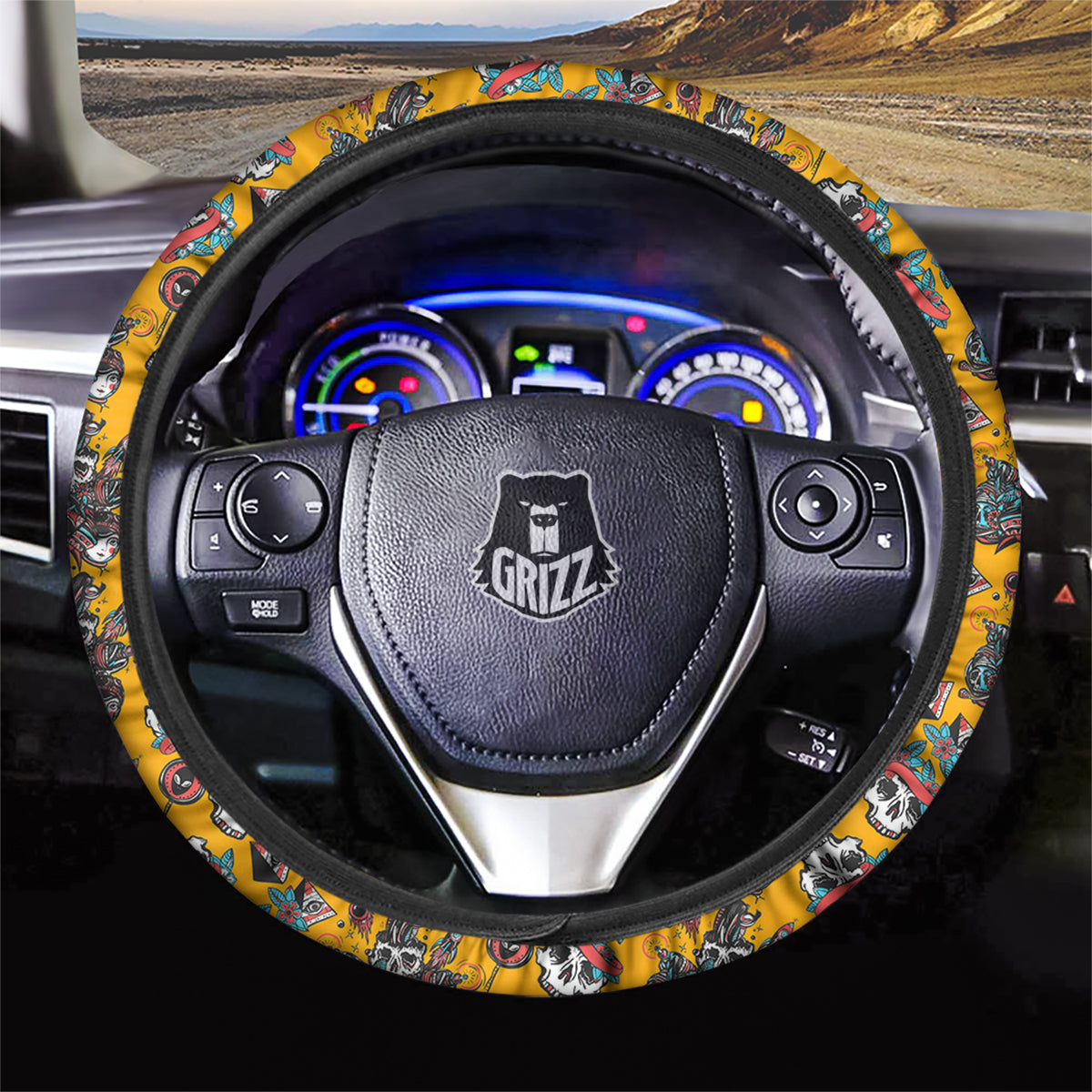 Yellow Skull Old School Tattoo Print Pattern Car Steering Wheel Cover-grizzshop